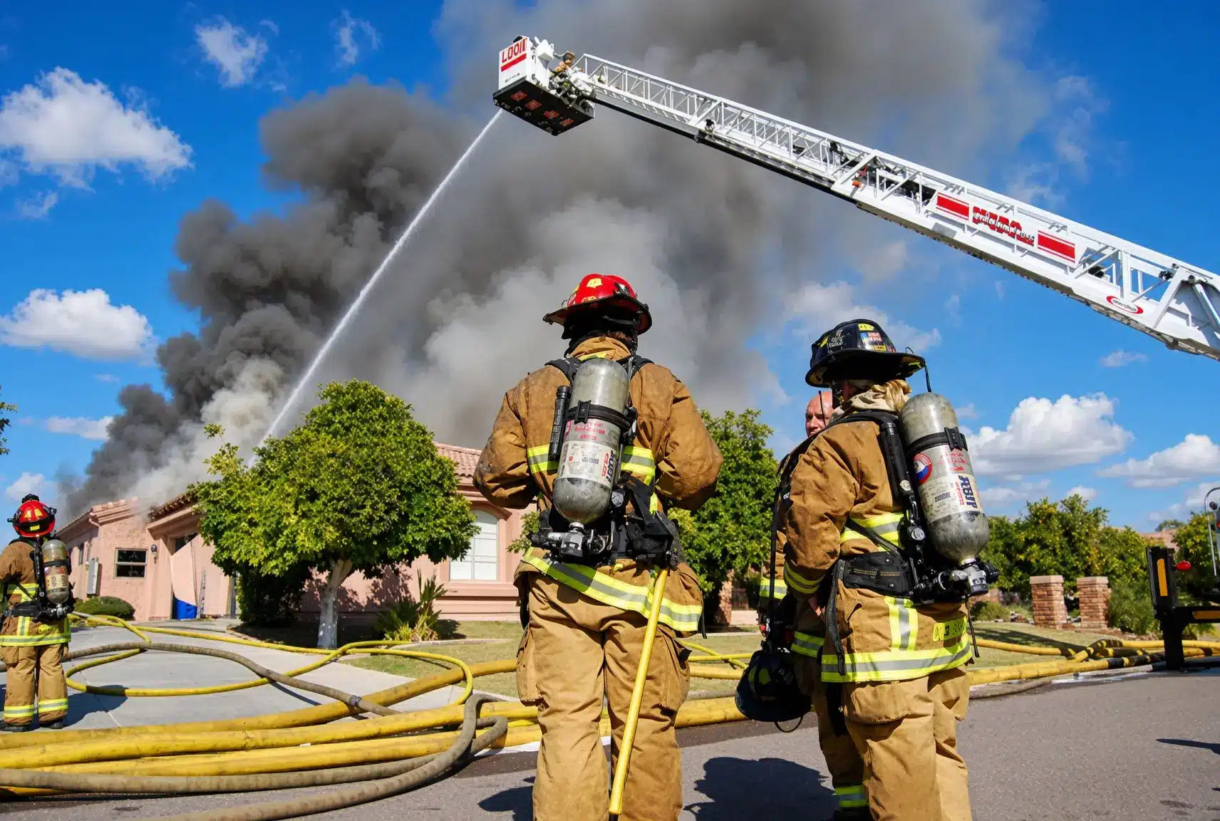 Firefighters battling a large blaze.