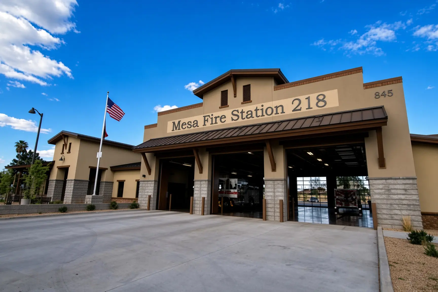 Modern fire station with American flag